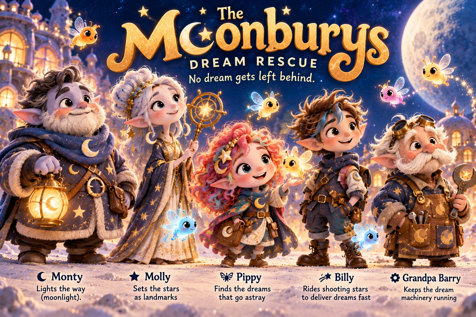 Monty, Molly, Pippy, Billy and Grandpa Barry with their Dream-Sprites