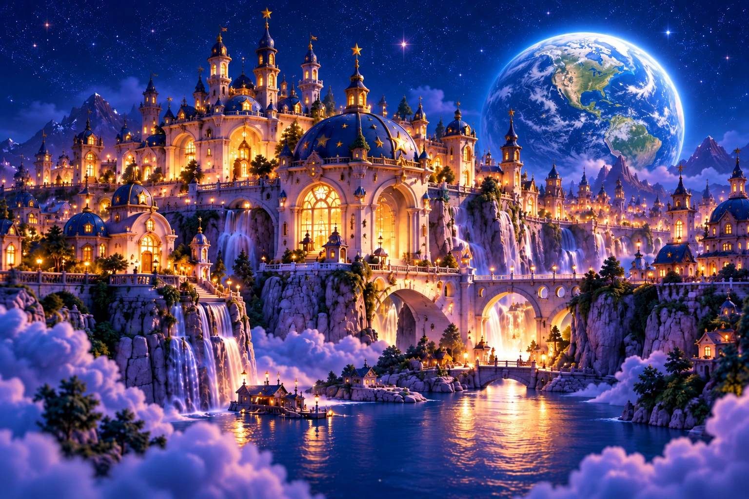 Glowing windows, towers and bridges on the moon beneath Earth's glow