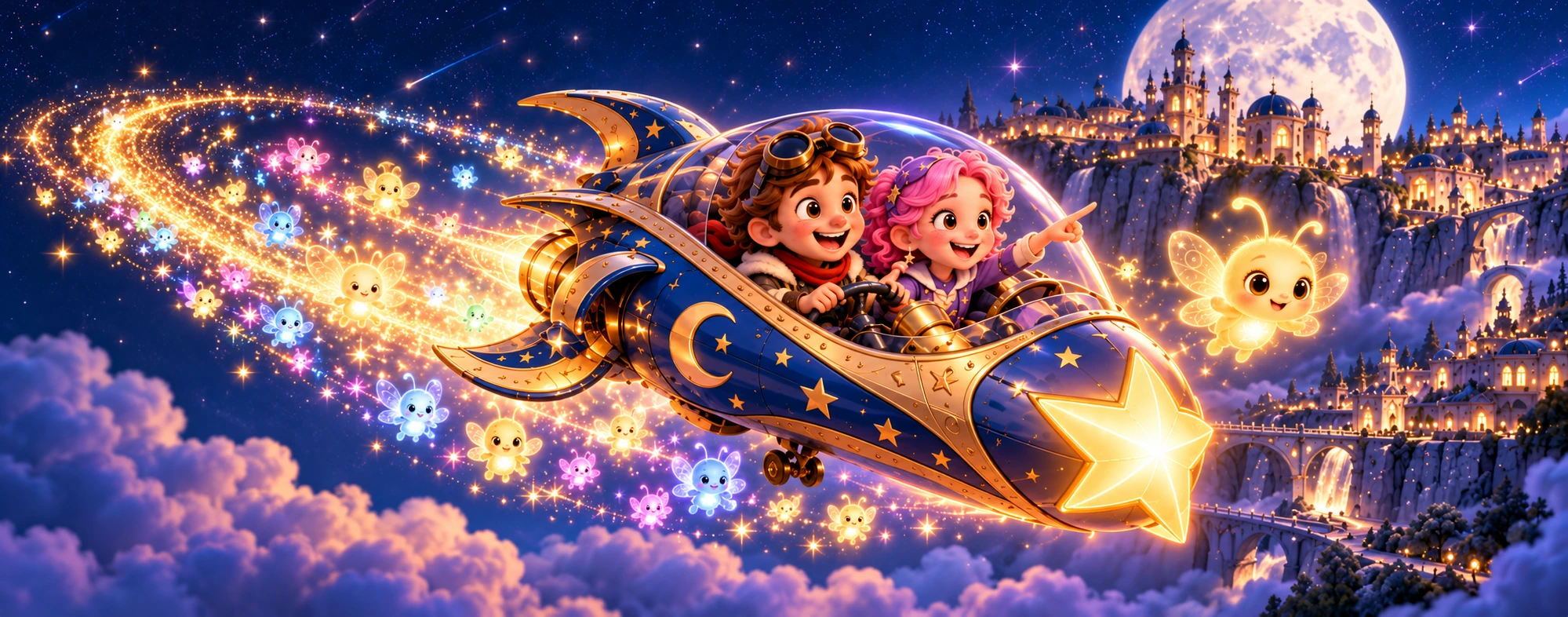Billy and Pippy ride a golden shooting star with glowing Dream-Sprites above the moon town